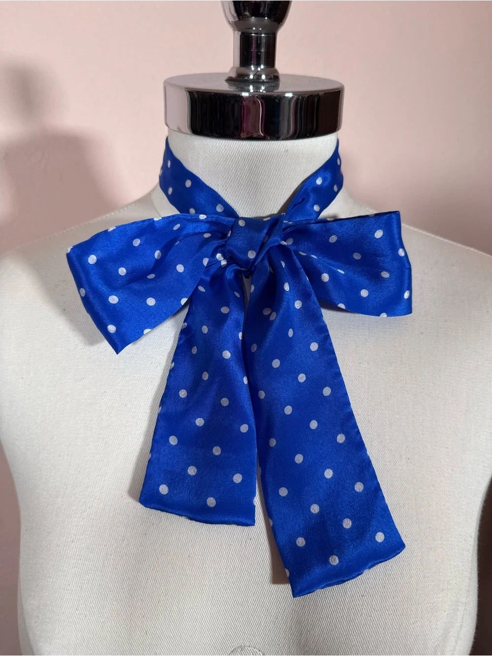 Vintage specialty House Royal blue white polka dot Silk bow neck scarf Twilly